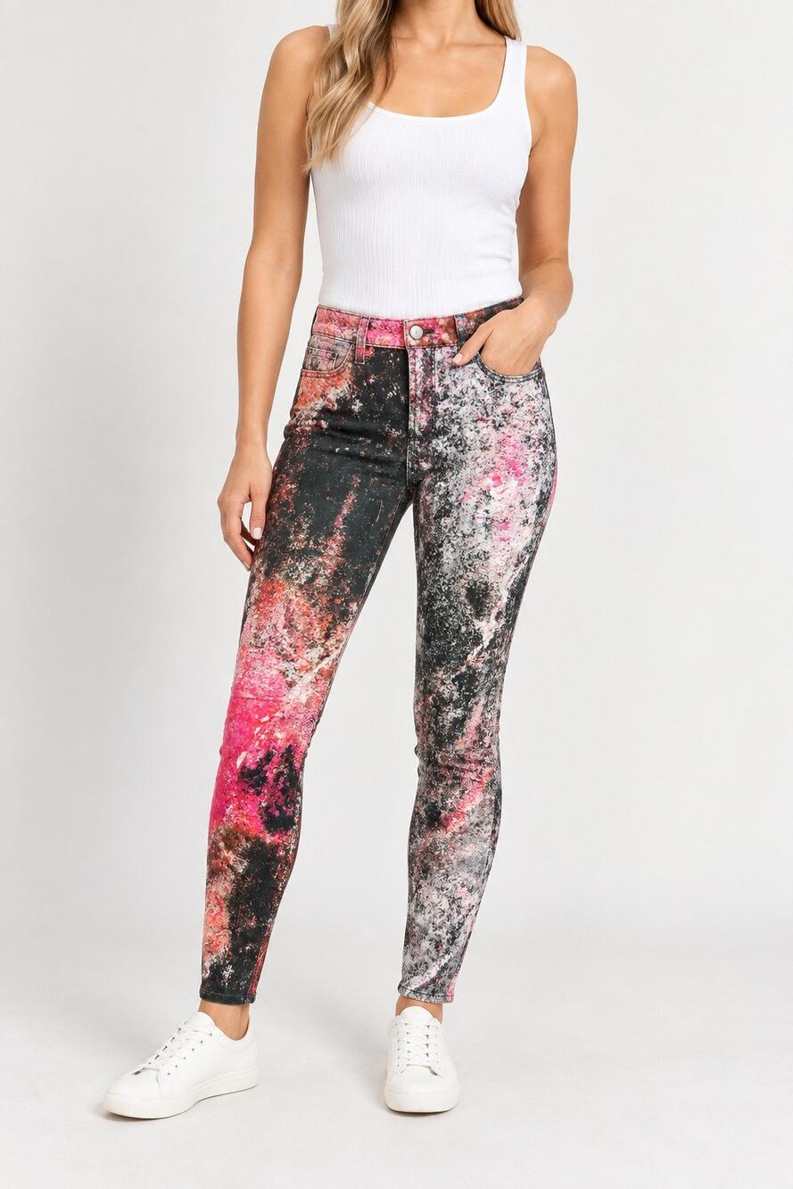 J Brand Supernova Super Skinny Jeans Size 27 Pink Black Abstract Galaxy Print